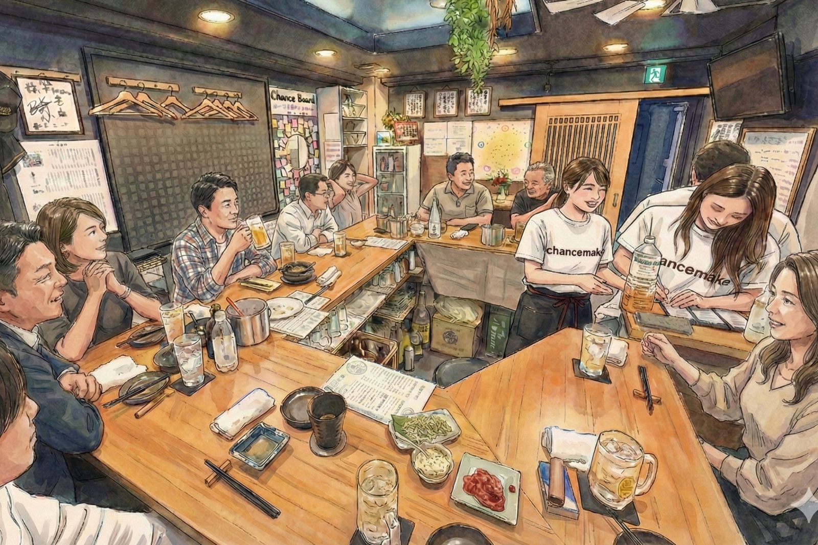 縁がわ 店内のコの字カウンターに集まる人々